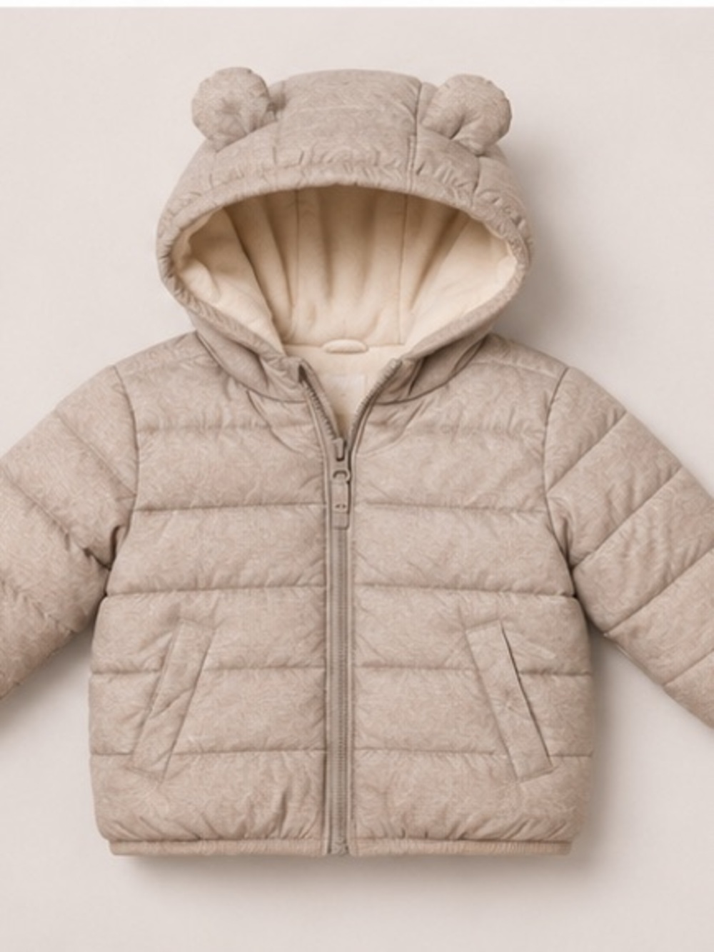 Kids Plush Hooded Puffer Jacket - Taupe